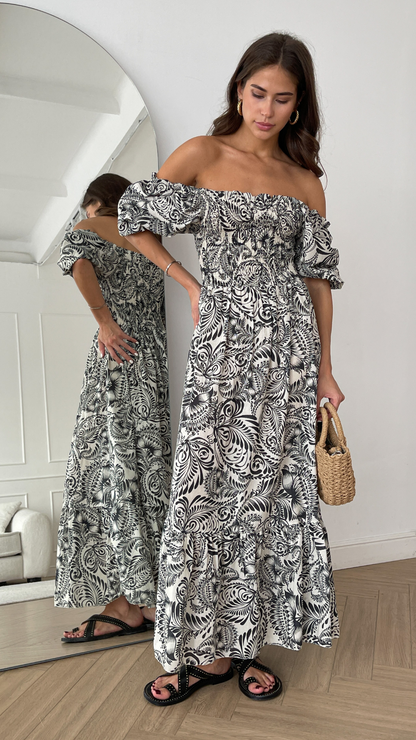 Carina Print Dress - Black Print
