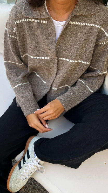 Clara Contrast Stitch Cardigan - Sand Ivory