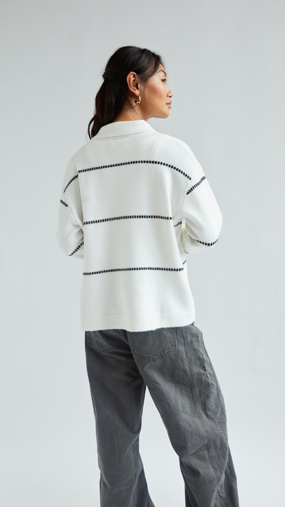 Clara Contrast Stitch Cardigan - Ivory Black