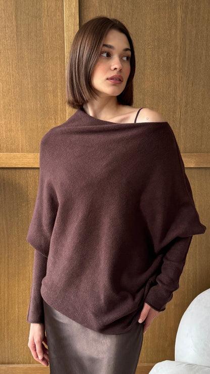 Natalie Asymmetric Sweater - Dark Espresso