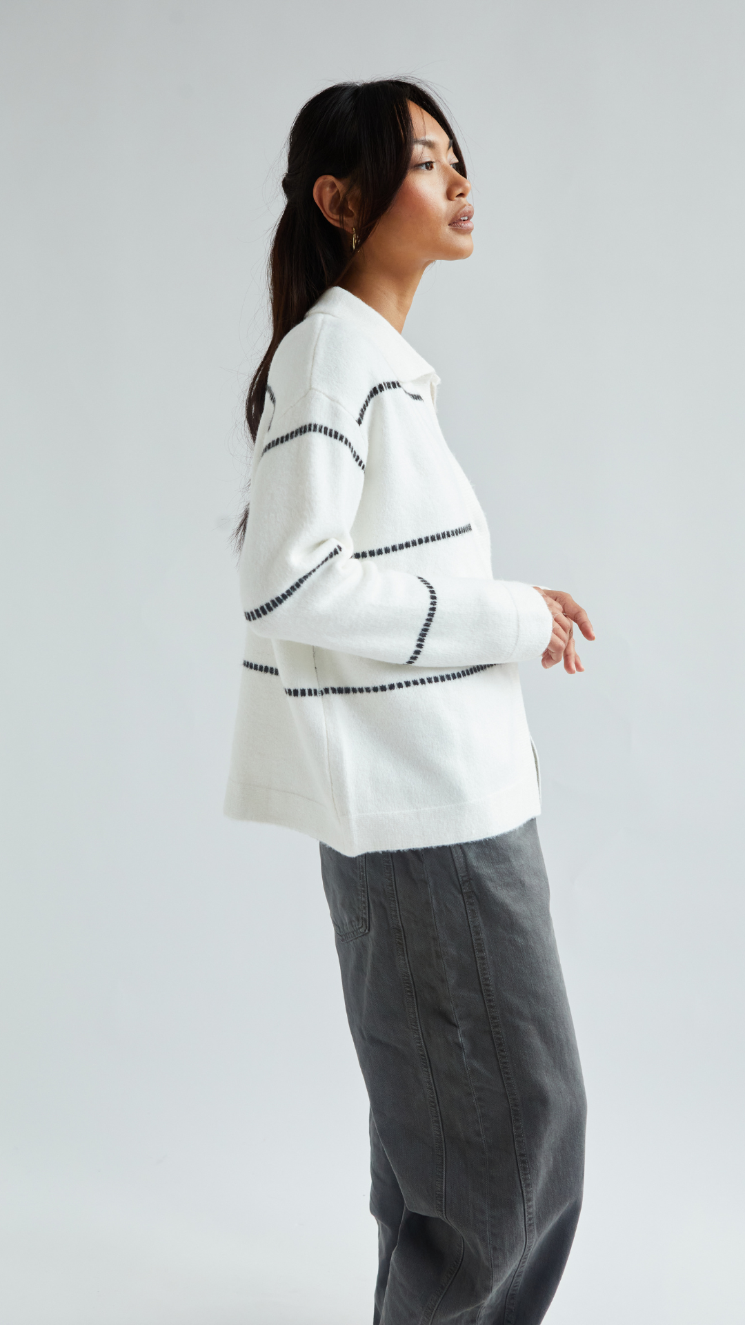 Clara Contrast Stitch Cardigan - Ivory Black