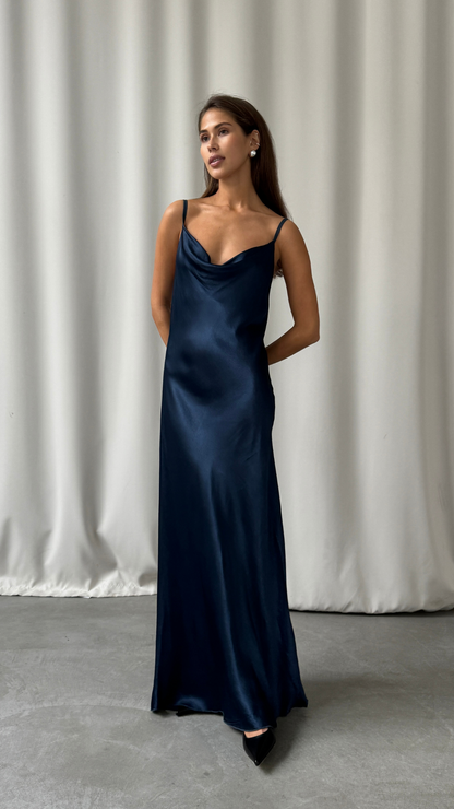 Alena Satin Dress - Deep Navy