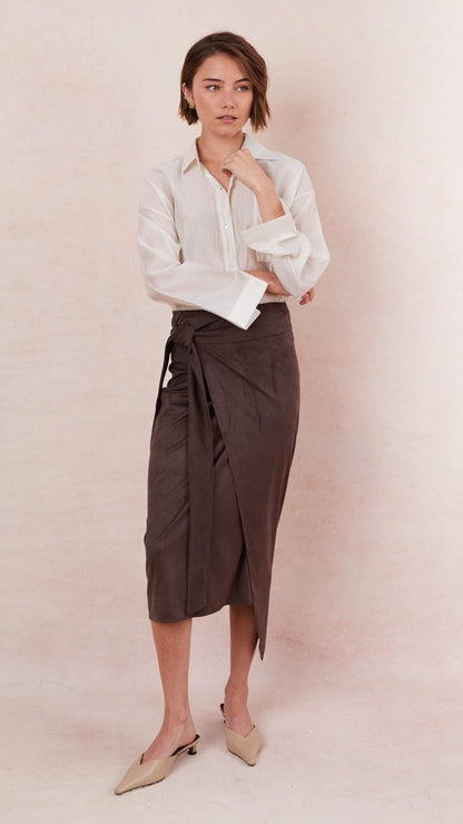 Livia Faux Suede Wrap Skirt - Espresso