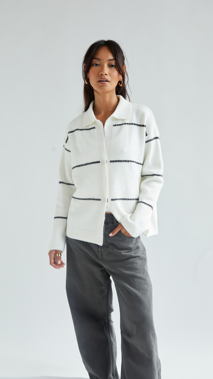 Clara Contrast Stitch Cardigan - Ivory Black