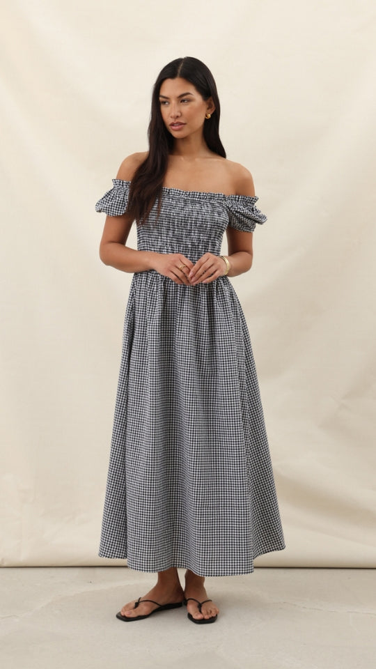 Mika Gingham Print Dress - Black Print