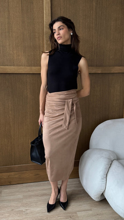 Livia Faux Suede Wrap Skirt - Tan