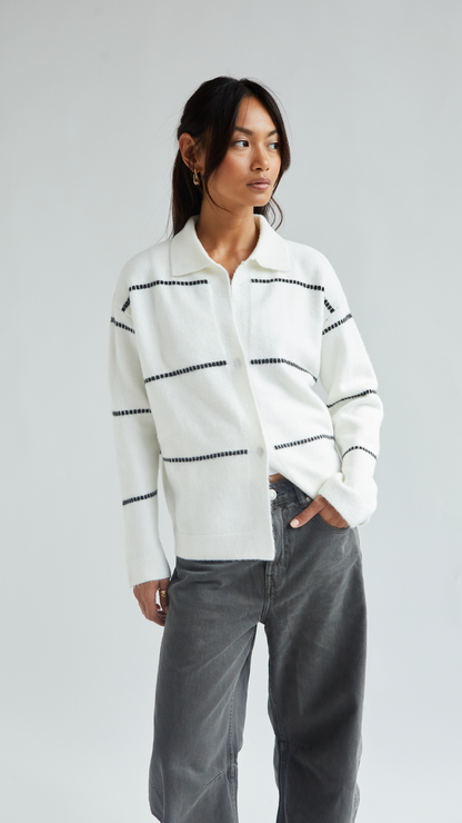 Clara Contrast Stitch Cardigan - Ivory Black