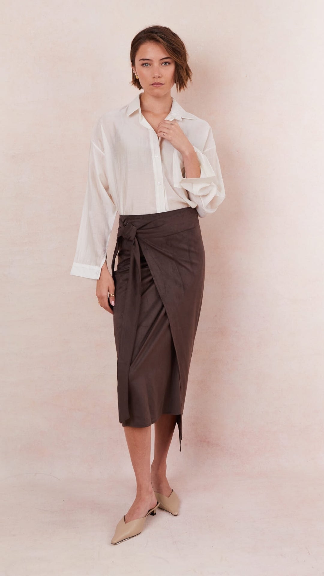 Livia Faux Suede Wrap Skirt - Espresso