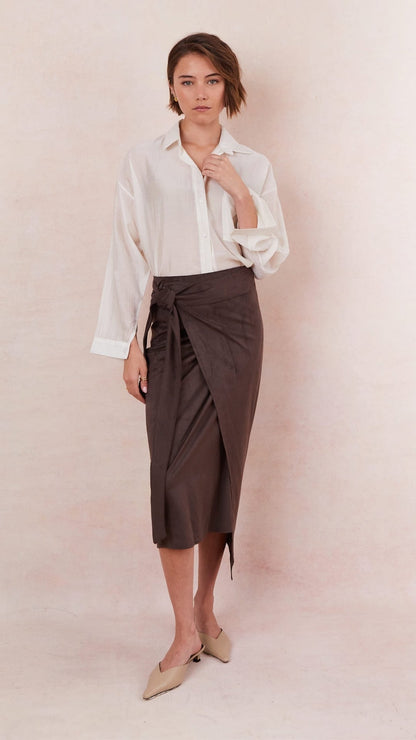 Livia Faux Suede Wrap Skirt - Espresso