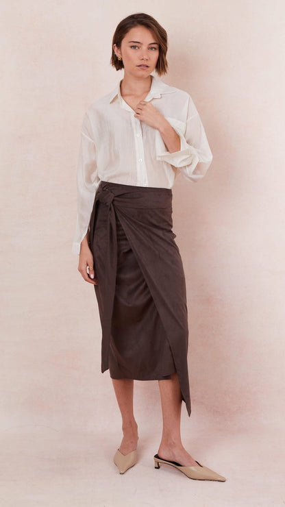 Livia Faux Suede Wrap Skirt - Espresso