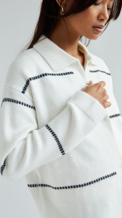 Clara Contrast Stitch Cardigan - Ivory Black