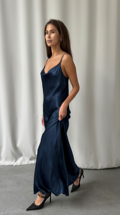 Alena Satin Dress - Deep Navy