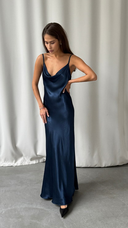Alena Satin Dress - Deep Navy