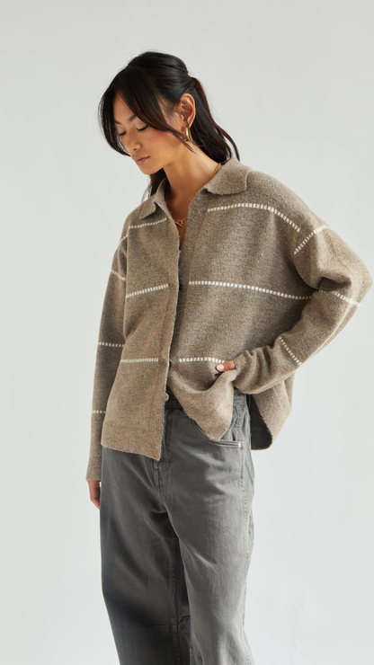 Clara Contrast Stitch Cardigan - Sand Ivory