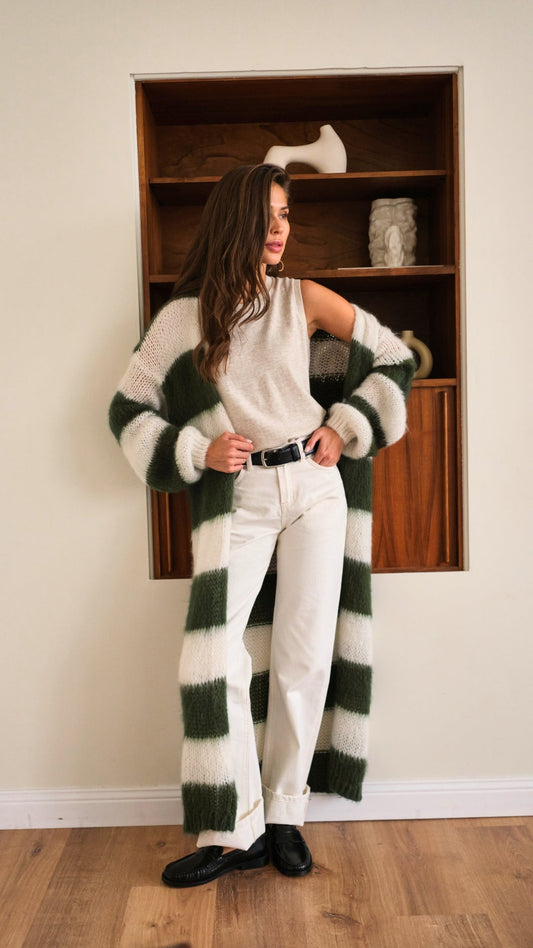 Kay Cardigan - Khaki Off - White Stripes