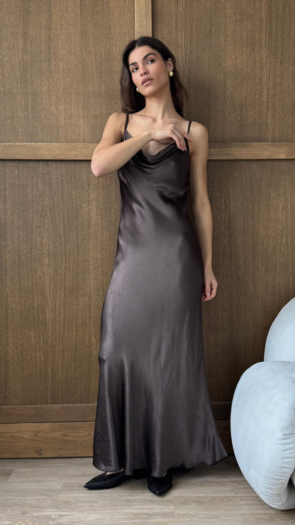 Alena Satin Dress - Dark Espresso