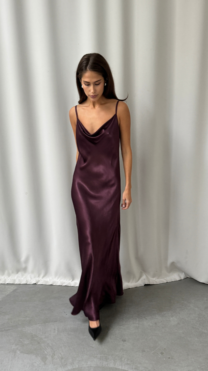 Alena Satin Dress - Burgundy