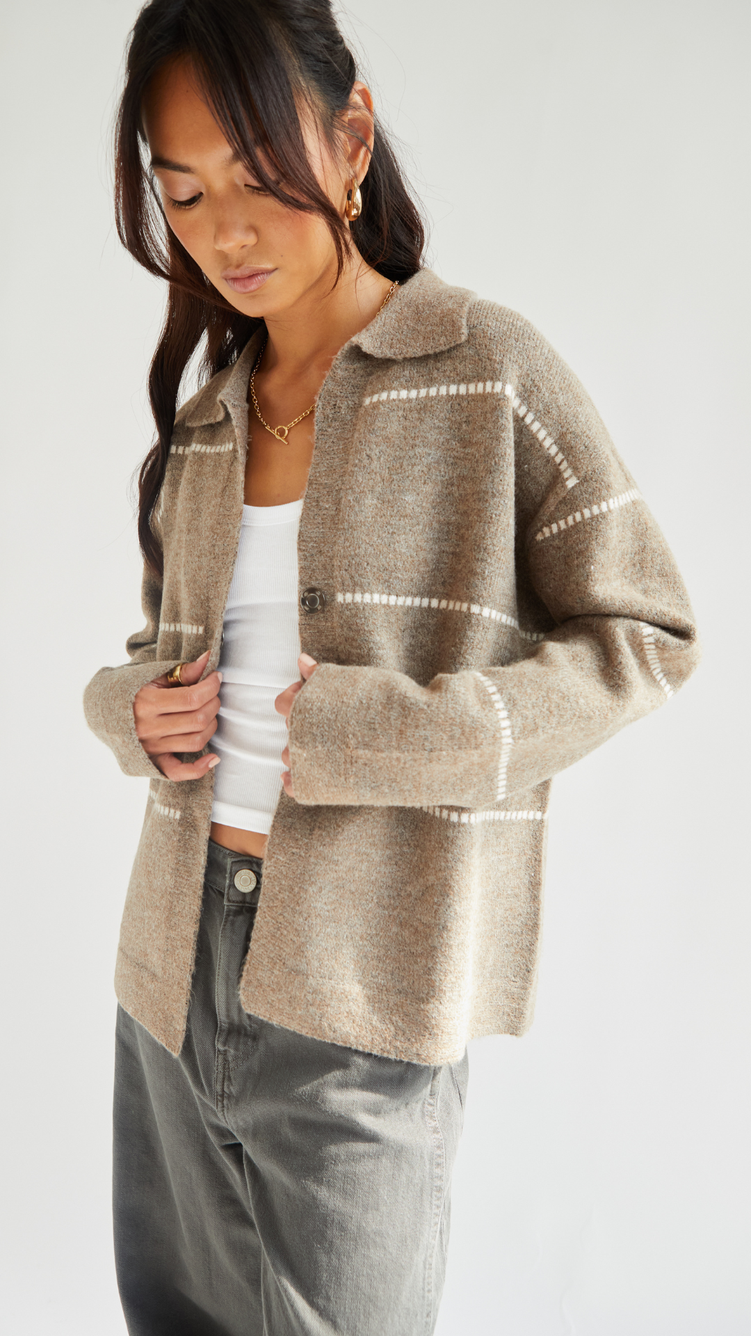 Clara Contrast Stitch Cardigan - Sand Ivory