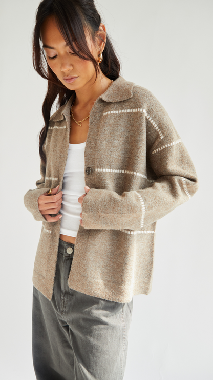 Clara Contrast Stitch Cardigan - Sand Ivory