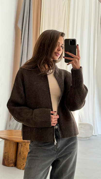 Zoey Zip Cardigan - Dark Espresso