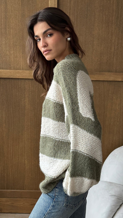 Maisie Sweater - Off-White - Khaki Stripes