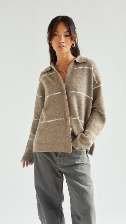 Clara Contrast Stitch Cardigan - Sand Ivory