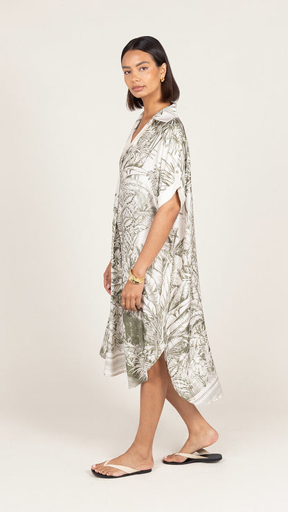 Marina Satin Dress - Khaki Tropical Print
