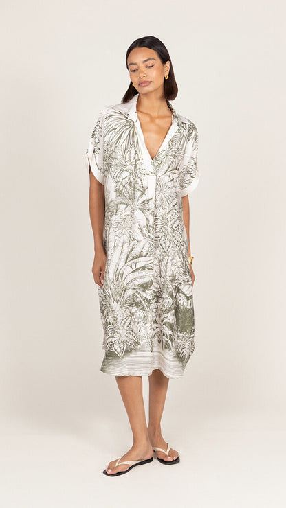 Marina Satin Dress - Khaki Tropical Print