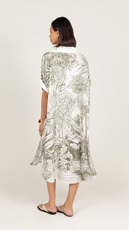 Marina Satin Dress - Khaki Tropical Print