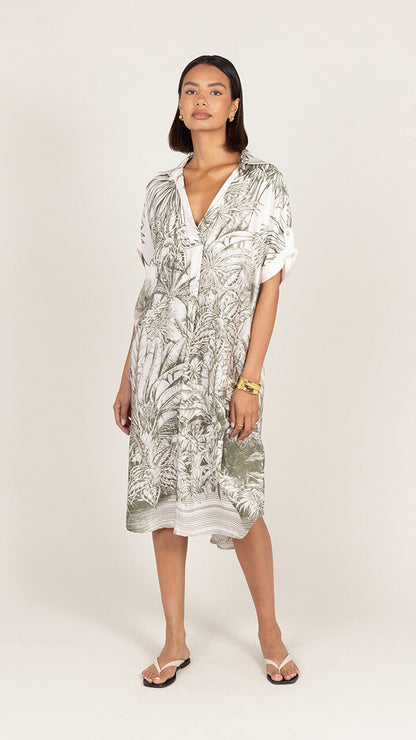 Marina Satin Dress - Khaki Tropical Print