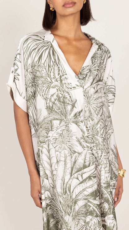Marina Satin Dress - Khaki Tropical Print
