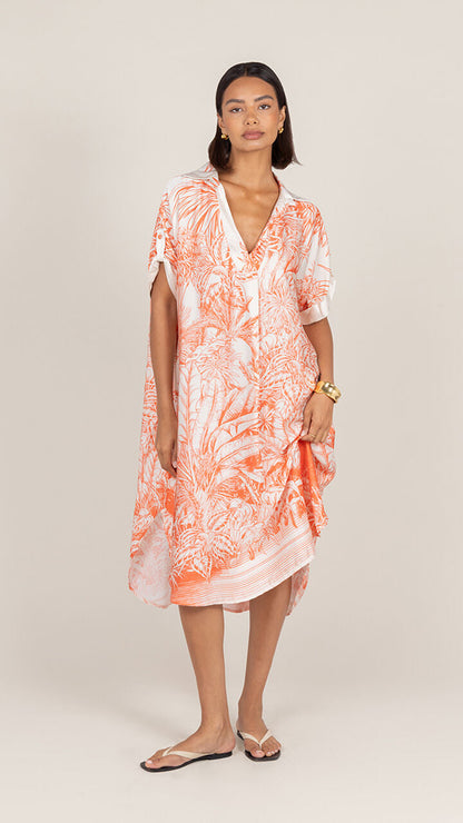 Marina Satin Dress - Coral Tropical Print