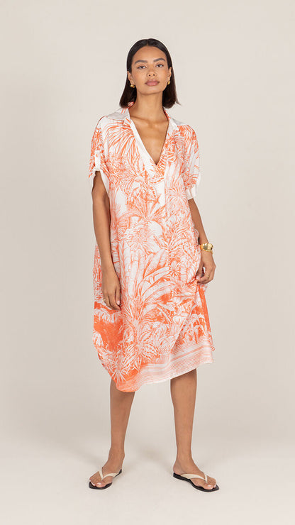 Marina Satin Dress - Coral Tropical Print