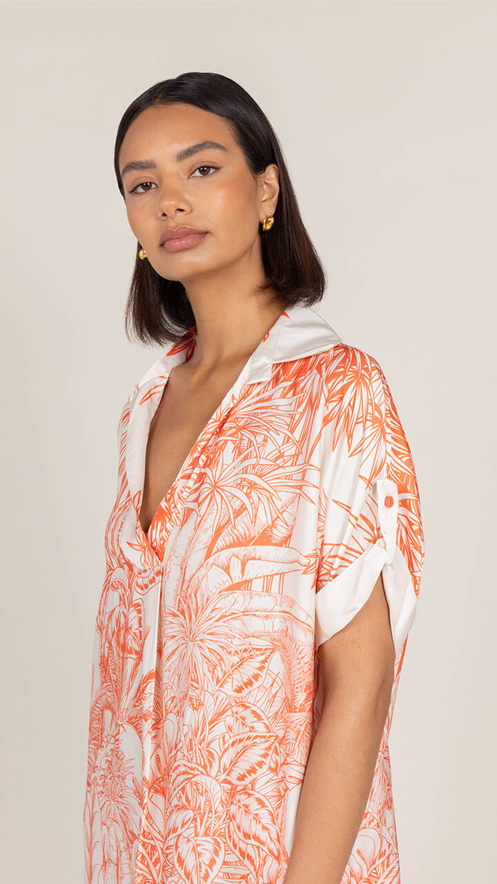 Marina Satin Dress - Coral Tropical Print